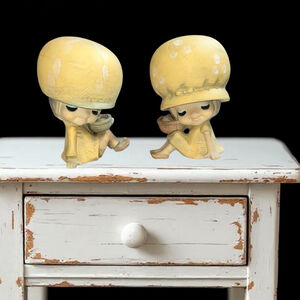 Vintage UCTCI Ceramic Poppet Trixie Figurines Boy Girl Large Yellow Hats/Baskets
